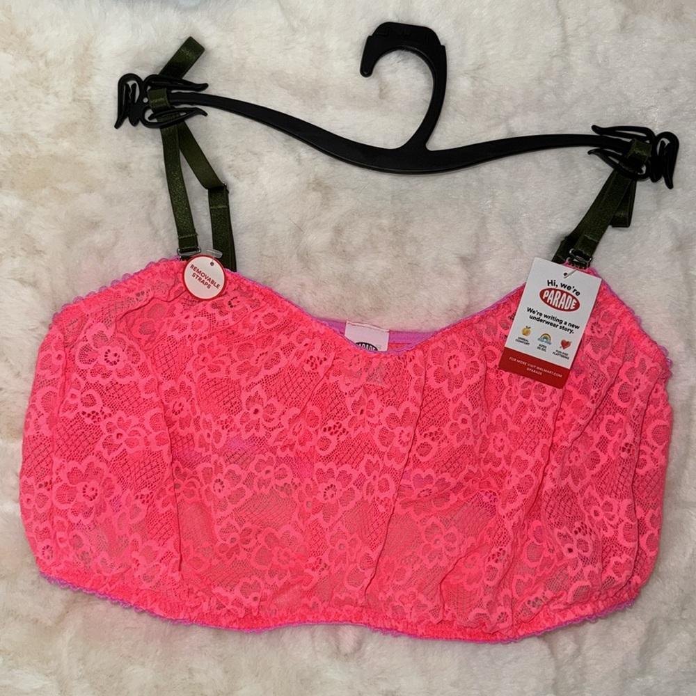 Parade Lace Bandeau Bra Sheer Lace Bralette w Removable Straps Pink Women’s 3X